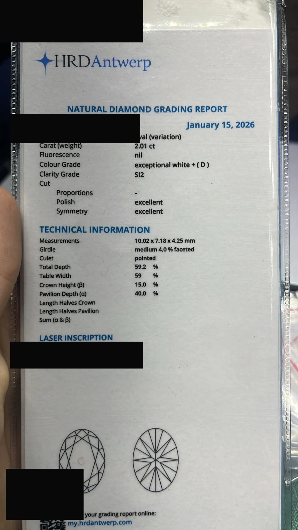 Sample HRD certificate showing a 2.01ct oval diamond, D colour, SI2 clarity, with the report number and QR code redacted